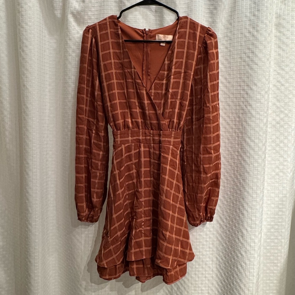 Charmed Hearts Rust Grid Long-Sleeve V-Neck Dress